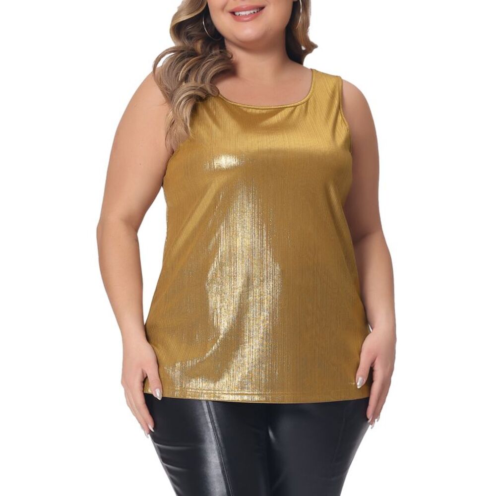Plus Size Tops Crew Neck Sleeveless Party Holographic Shiny Tank Top Gold